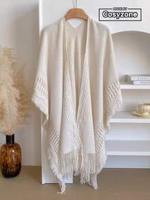 1pc Solid Color Open Slit Knitted Shawl, Women Bohemian Style Travel Warm Knitted Cape Shawl, Suitable For Daily Wear For Dress