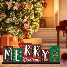 1 Peça Peça Central de Mesa de Madeira Estilo Fazenda para o Natal com Letras "Feliz Natal" - Decorações Assimétricas de Letras em Bloco com Padrões Xadrez e Xadrez, Galhos de Pinheiro e Flocos de Neve - Decorações Festivas para Mesa ou Parede para Casa, Festa, Lareira - Placa de Madeira de Natal, Decoração de Temporada para Casa, Planejamento de Festa, Decoração de Casa