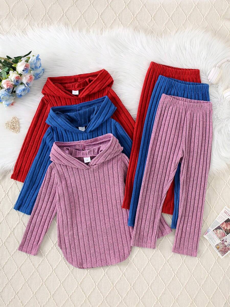 Conjunto de 6 peças de blusa e calça de malha macia e confortável, casual, cor sólida, para meninas, manga comprida, com capuz, para atividades ao ar livre, outono/inverno - Multicolorido - Ver 1