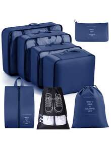 9pcs/7pcs/1pc Beige Letter Pattern Travel Packing Cubes, Travel Organizer Set, Luggage Organizer Bags, Travel Luggage Packing Organizers With Laundry Bag, Compression Shoe Bag, Clothes Underwear Bag, Unisex, Make Travel Easier, Suitable For Travel Storage Bags, Cosmetic Bags, Dorm Room Decor, Bedroom Storage Bags