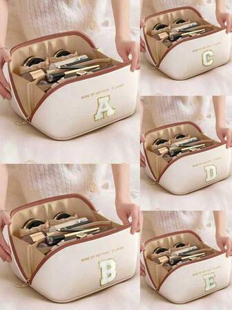 PU Leather Waterproof Makeup Bag, Letter Printed Cosmetic Organizer Bag, Large Capacity Double Layer Makeup Bag, Multifunctional Women's Travel Handbag, Toiletry Bag, Cosmetic Storage And Organization, Bathroom Storage, Cruise Essential, Travel Accessory, Jewelry Storage, Lipstick Storage, Women's Gift, Christmas Gift, Great Gift For Her