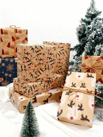 1 张 300x43cm 圣诞礼物包装纸，带驯鹿、圣诞老人、圣诞树图案，礼品包装装饰纸