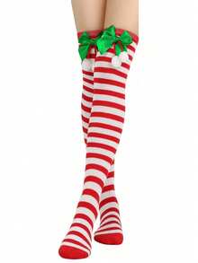 半双装女士圣诞条纹过膝袜，条纹及膝袜，角色扮演袜，适合圣诞节及其他场合，舒适袜子 - 彩色 - 查看 9