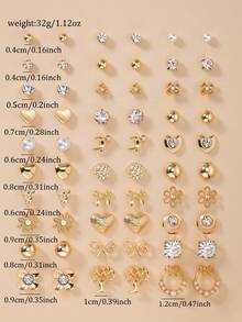 60件套时尚金属蝴蝶、爱心、水钻、月亮、蝴蝶结、花朵耳钉套装，珠宝礼品，适合女性日常佩戴 - 金黃色 - 查看 7