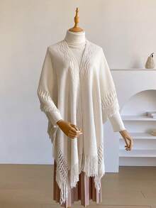 1pc Solid Color Open Slit Knitted Shawl, Women Bohemian Style Travel Warm Knitted Cape Shawl, Suitable For Daily Wear For Dress - Beige - View 3