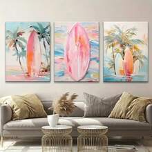 3 件夏日海滩冲浪板涂鸦帆布墙画 - 充满活力的热带海滩场景海报，配有棕榈树和海浪，2D 平面，带框帆布墙画冲浪、办公室装饰、卧室装饰、冲浪者、家居装饰 - 彩色 - 查看 9