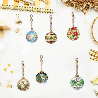 Set de 6 llaveros con bolas de Navidad de diamante, kit de manualidades de pintura de diamante 5D para principiantes, colgante de gema acrílica para bolsos y accesorios, idea de regalo perfecta, kit de pintura de diamante redondo
