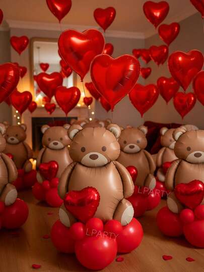 12pcs/Set Valentine's Day Party Decorations, Giant Matte Brown Bear Foil Balloon (18 Inch), 10 Inch & 18 Inch Red Heart Shaped Balloons, 10 Inch Red Latex Balloons, For Proposal, Engagement, Anniversary, Valentine's Day Home Decor, Romantic Atmosphere