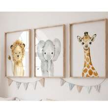 1件主题婴儿房墙面装饰画，适合男孩房、中性婴儿房，图案包含大象、狮子和长颈鹿，防水，可用作床头墙纸、派对装饰礼品。