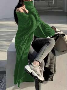 Solid Color Loose Knit Cardigan, Casual Long Sleeve Long Sweater With Pockets, Women - Olive Green - View 3
