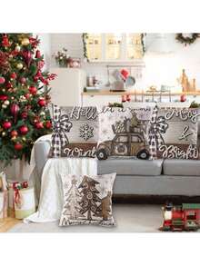 4件套圣诞抱枕套，棕色圣诞树、蝴蝶结图案，汽车装饰抱枕套，适合冬季假日、农舍风格沙发家居装饰，尺寸：16x16英寸/18x18英寸/20x20英寸 - 棕色 - 查看 5