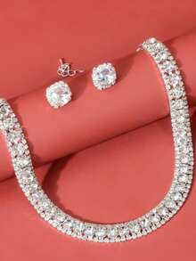 مجموعة قلادة وأقراط مرصعة بالراين كاملة، قلادة وأقراط من الأنيقة على الطراز الأوروبي والأمريكي، مناسبة للزفاف والعروس وحفلات المساء، قطعتان