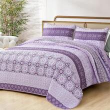 Boho Quilt Set King, Blue Bohemian Striped Patchwork Bedspread Coverlet Set With 2 Pillowcases, Lightweight Microfiber Floral Bedding Set 104*90, Boho Style - 紫色 - 查看 4