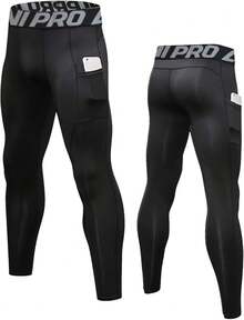 Pantalones de compresión para Hombre, Leggings Deportivos de Entrenamiento Bolsillo/sin Bolsillo - Pantalones deportivos negros - Ver 4