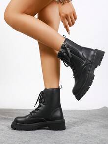 2025年夏秋季新款厚底女靴，英伦风系带圆头踝靴，厚底增高徒步靴 - 黑色 - 查看 5