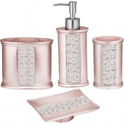 Zahari Home 4pc Sinatra Stylish Bathroom Accessories Set Liquid Soap Dispenser Tumbler Tooth Brush Holder And Soap Dish Modern Classic Luxury Decor Bling Mosaic Glass Blush Bathroom Accessories