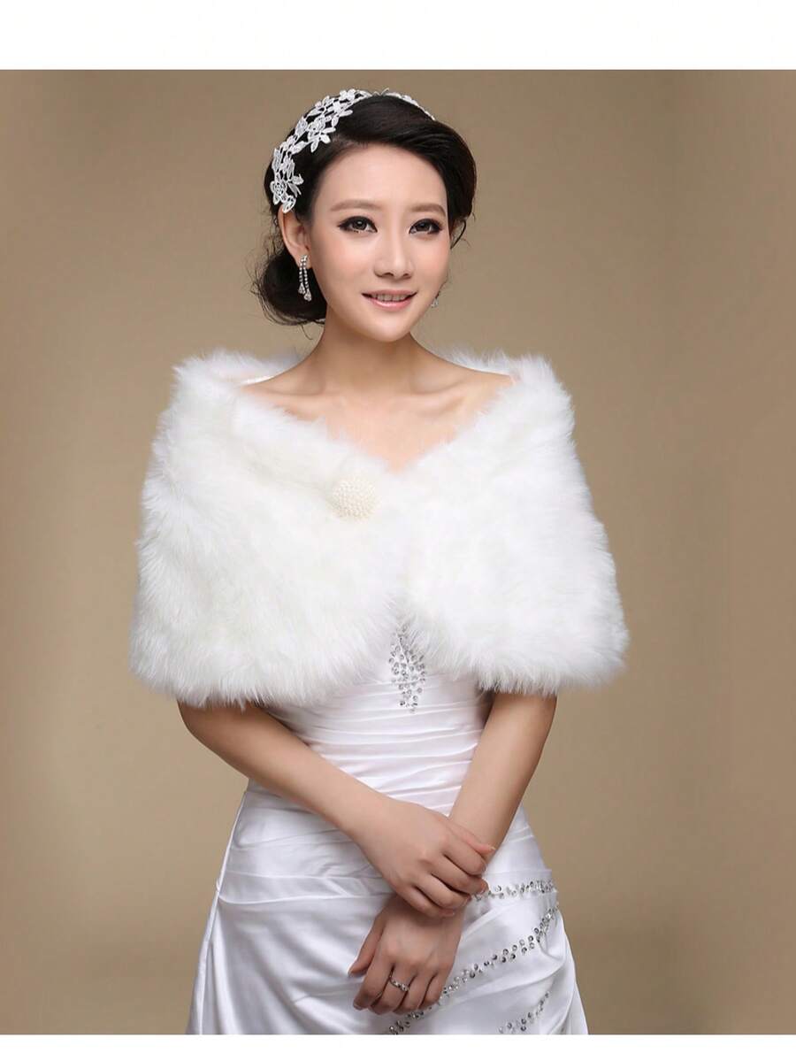 1 件新娘披肩，蓬松温暖的红色和白色婚纱毛皮披肩，配珍珠水钻，秋冬 - 米色 - 查看 1