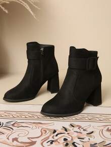 Women's Black Chunky Heel Ankle Boots, Daily Commute Short Boots, Autumn/Winter Fashion Round Toe Booties - Black - View 10