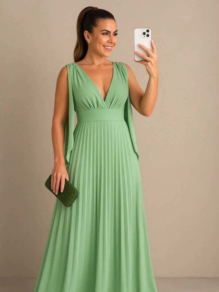 Long Pleated Dress V-Neckline Bridesmaid Dress For Wedding Graduation And Parties - Mint Green - View 1