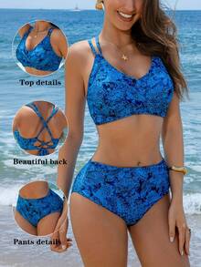 女士性感印花细肩带比基尼套装，三角泳裤泳衣，夏季休闲海滩度假 - 藍色 - 查看 1