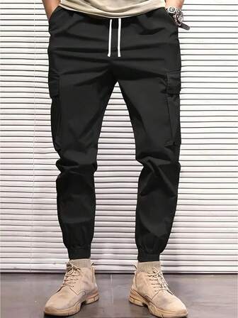 بنطلون كاجوال رجالي بجيوب، بنطلون رياضي نحيف مناسب للتنزه مع خصر مطاطي، خريف