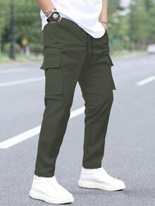 Men's Workwear Pants – Durable & Comfortable Utility Trousers With Multi Pockets, Breathable Fabric & Drawstring Design For Casual, Industrial & Seasonal Wear - 軍綠色 - 查看 3