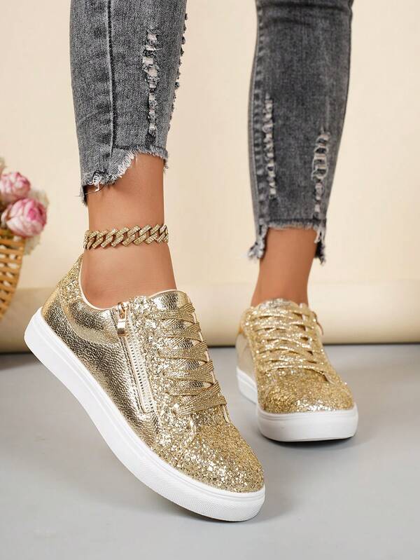 Zapatos deportivos planos casuales para mujer, zapatillas deportivas de caña baja con cordones y cremallera lateral, puntera redonda, brillantes en color dorado, clásicos para uso casual y fiestas al aire libre, cómodos