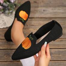 Women's Flat Slip-On Shoes, Pointed Toe Comfortable Spring/Autumn Shoes, Pumpkin Pattern Versatile Casual Loafers