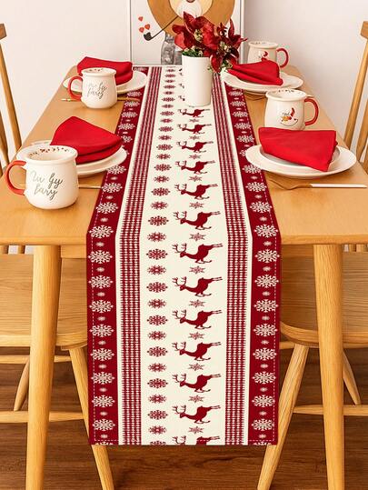 1 pièce Chemin de table thème de Noël moderne, motif de renne de Noël, Père Noël, boules de Noël. Lavable, convient pour l'extérieur, l'intérieur, les fêtes, la cuisine, la maison, la table à manger. Peut être utilisé pour la table à manger rectangulaire du salon, restaurant, décoration de Noël