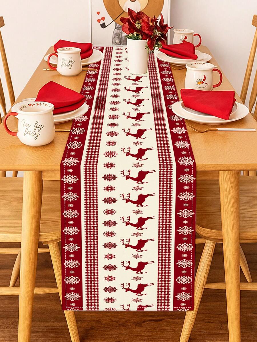 1 Pc Modern Christmas Theme Table Runner Christmas Elk Santa Claus Christmas Balls Pattern Table Runner Washable Suitable For Outdoor Indoor Party Kitchen Home Dining Table Center Can Be Used For Living Room Rectangular Dining Table Restaurant Christmas Decoration - Red and White - View 1