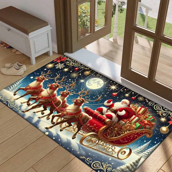 1pc Christmas Santa Claus & Reindeer Decorative Carpet, Suitable For Doormat, Small Rug, Welcome Mat, Carpet, Floor Mat, Outdoor Doormat, Kitchen Rug, Home Decor, Front Door Mat, Area Small Rug, Outdoor Mat, Home Decor, Area Rug, Garden Carpet, Washable Rug, Plush Rug, Thick Rug, Thick Carpet, Furry Rug, Autumn/Winter Rug, Thick Carpet