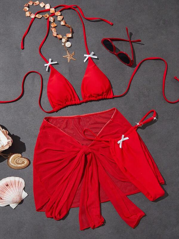 3pcs Women's Swimsuit, Basic Sexy Bikini Red Sexy Style Solid Colour,Sarong Beach Outfits For Woman Christmas Party Outfit ,Gift For Her