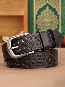 1pc Women's Brown Western Style Hollow Pattern Belt, Red Country Style Belt, Black Business Casual Dress Accessory, Retro Cowboy Style Leather Belt, Suitable For Equestrian Performance, Country Music Concerts, Daily Wear And Various Occasions