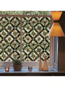 Boho Golden Vintage Geometric Dark Green  Stained Glass Window Films Decorative Double - Side Privacy Film Self - Adhesive Static Glass Window Clings Living Room Bathroom Glass Decor - Xanh đậm/vàng - Xem 3