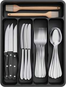 Lifewit Organizador de Cubiertos, Bandeja Cubiertos Cajon Cubertero para Cajón para Menaje, Cocina Organizador de Cubertería Compacto para Cucharas Tenedores, 5 Compartimentos, Negro - Gris - Ver 1