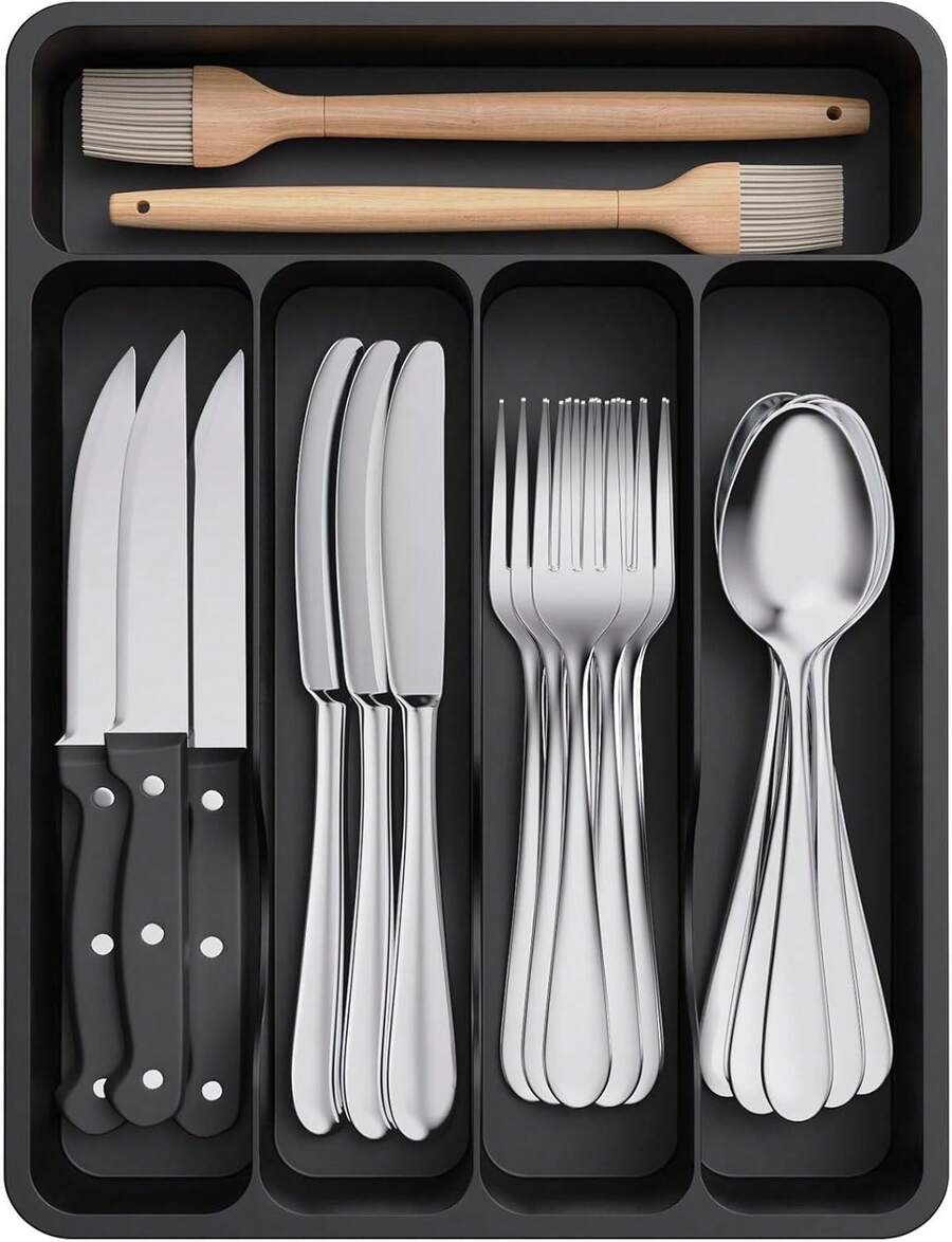 Lifewit Organizador de Cubiertos, Bandeja Cubiertos Cajon Cubertero para Cajón para Menaje, Cocina Organizador de Cubertería Compacto para Cucharas Tenedores, 5 Compartimentos, Negro - Gris - Ver 1