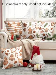 4pcs/1pc Christmas Gingerbread Pillow Cover - Cute Gingerbread Man, Cookies And Spices Pattern Design, 18x18 Inches | Zipper Closure | Bright Colors And Polyester Material | For Living Room, Room Decoration, Sofa And Bedroom (Filling Not Included) Great For Christmas Home Decoration, Christmas Decorations, Christmas Party
