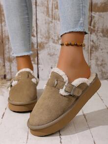 Plus Size Furry Slippers For Women, Thick Sole Snow Slip-On Closed Toe Fluffy Slides For Autumn/Winter - Khaki - View 3