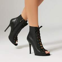 11.5 厘米高跟女式舞靴，现代爵士舞踝靴，仿皮侧拉链系带露趾，适合派对、舞蹈、健身，四季穿着舒适