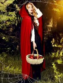 1 pieza Capa con capucha de encaje, Capa de disfraz de bruja de Halloween, Capa de cosplay de vampiro de Navidad para actuación y mascarada - Rojo - Ver 6