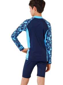 WEIMEY 3PCS Trajes de Baño para Niños Manga Larga+Shorts+Gorro Natación Secado Rápido Respirable Playa Natación 5 a 12 Años - auzl raya - Ver 8