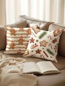 4pcs/1pc Christmas Gingerbread Pillow Cover - Cute Gingerbread Man, Cookies And Spices Pattern Design, 18x18 Inches | Zipper Closure | Bright Colors And Polyester Material | For Living Room, Room Decoration, Sofa And Bedroom (Filling Not Included) Great For Christmas Home Decoration, Christmas Decorations, Christmas Party