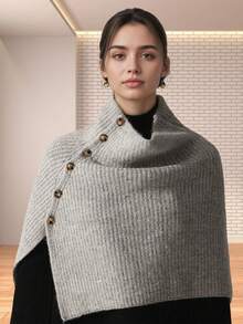 1pc New Knitted Women Shawl/Autumn Winter Fashion Multi-Color Warm Poncho, Winter Accessory Women Vest/Comfortable Neck Warmer Golden Accessory, Versatile Cleopatra Style Button-Up Cardigan For Dress - Multicolor - View 1