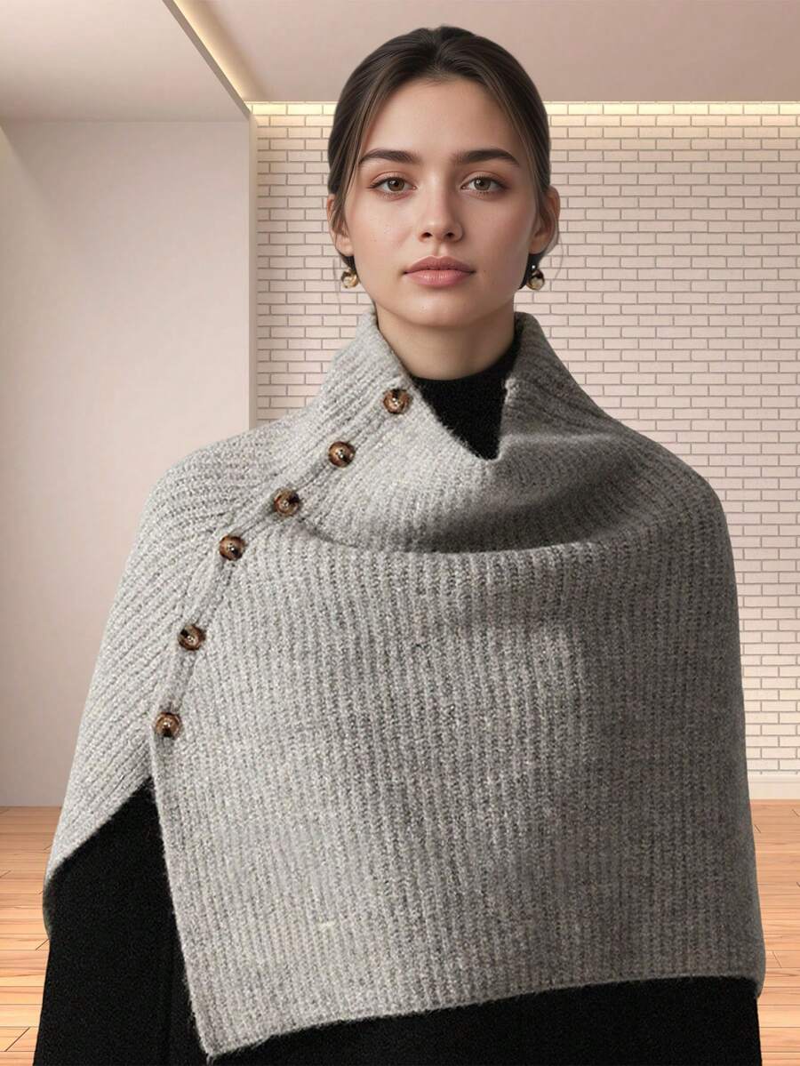 1pc New Knitted Women Shawl/Autumn Winter Fashion Multi-Color Warm Poncho, Winter Accessory Women Vest/Comfortable Neck Warmer Golden Accessory, Versatile Cleopatra Style Button-Up Cardigan For Dress - Multicolor - View 1