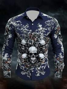 Men's Long Sleeve Shirt, Vintage Skull & Floral Print, Gothic Style, Suitable For Halloween, Christmas, Day Of The Dead, Casual & Formal Wear, Fall