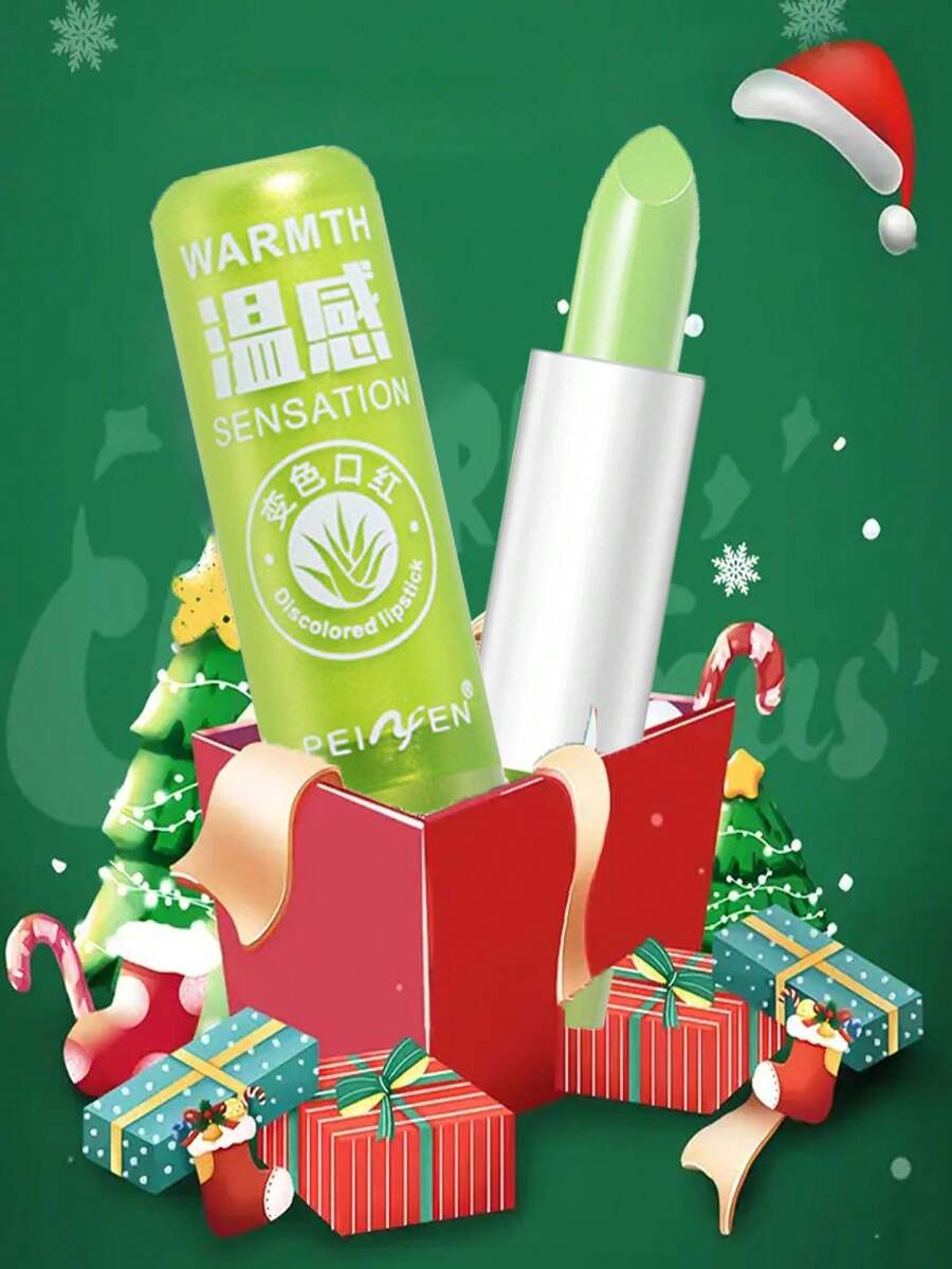 1 pieza Lápiz labial verde neutro de aloe - Cambia de color sensible a la temperatura, 24H de hidratación, regalo de Halloween y Navidad para ella