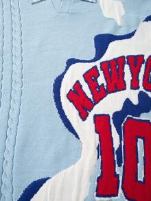 Jersey de cuello de polo con patrón de letras y números en inglés, unicolor, suelto y casual, con cuerda retorcida, lindo y juvenil, para otoño/invierno