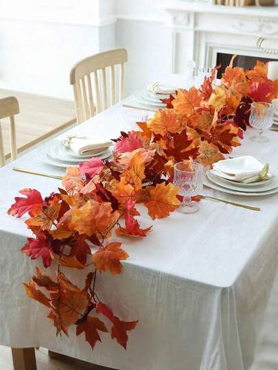 100cm Artificial Maples Leaf Autumn Garland, Hanging Fall Maple Leaves Vines, Reusable For Thanksgiving Halloween Home Party Porch Mantle Fireplace Farmhouse Decorations, Wedding Dinner Decor, Table Arrangement, Festival Party Event Decoration, Halloween Decoration, Home Decoration Stuff, Artificial Decorations, Plastic Artificial Plants