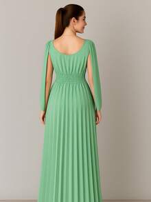 Long Pleated Dress V-Neckline Bridesmaid Dress For Wedding Graduation And Parties - Mint Green - View 2