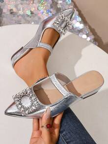Mulas com Solado Grosso de Strass Prateado, Chinelos de Bico Fino com Sola Grossa na Moda, Mocassins Casuais com Salto Tipo Cunha e Sem Parte Traseira, Adequados para Vestidos, Primavera e Outono